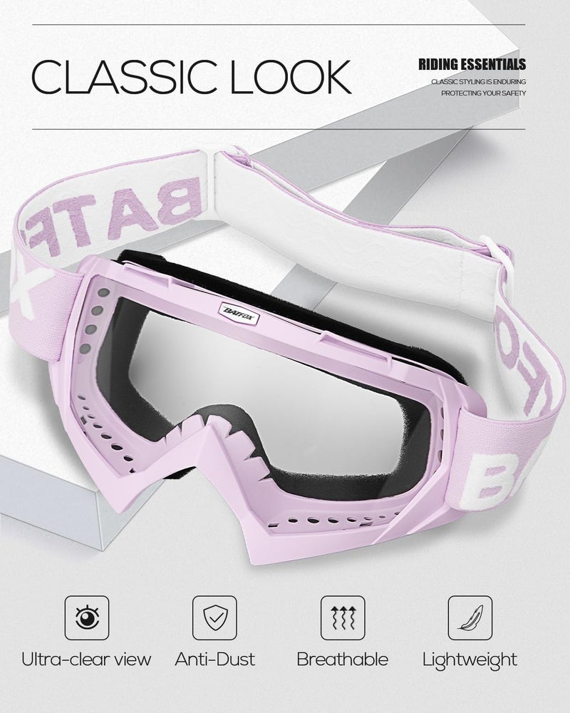 BATFOX Motorcycle Glasses Goggles Dirt Bike Motocross Safety ATV Tactical Riding (Clear-Violet, Adult) - Image 2